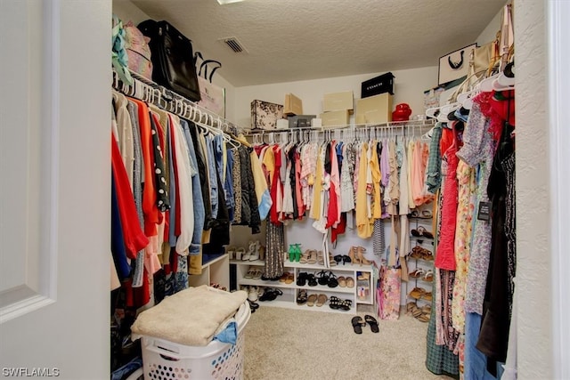 walk in closet featuring carpet flooring