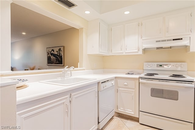 kitchen featuring white cabinetry, white appliances, custom exhaust hood, sink, and light tile floors