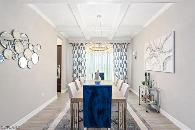 dining area with coffered ceiling, beam ceiling, light hardwood / wood-style floors, ornamental molding, and a chandelier