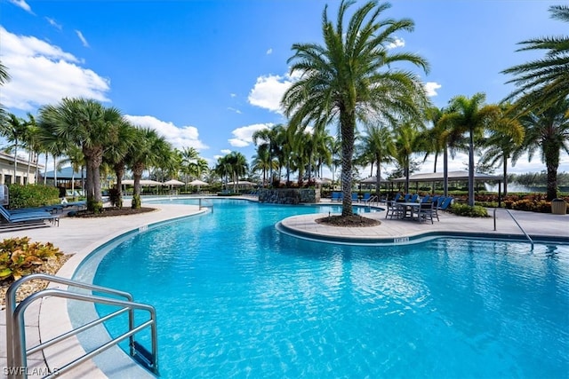 view of swimming pool featuring a patio