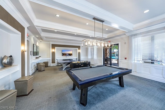 game room featuring pool table, beam ceiling, carpet, and ornamental molding