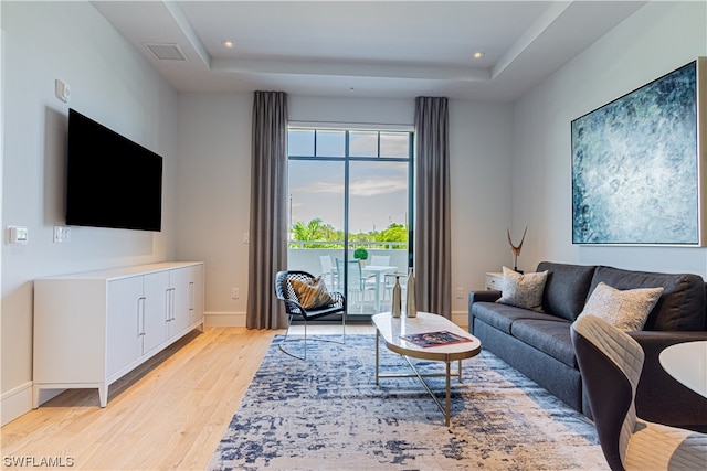 living room featuring light hardwood / wood-style floors and a raised ceiling