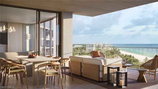 balcony with a water view and a view of the beach