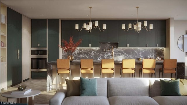 bar with decorative backsplash, hanging light fixtures, stainless steel oven, and an inviting chandelier