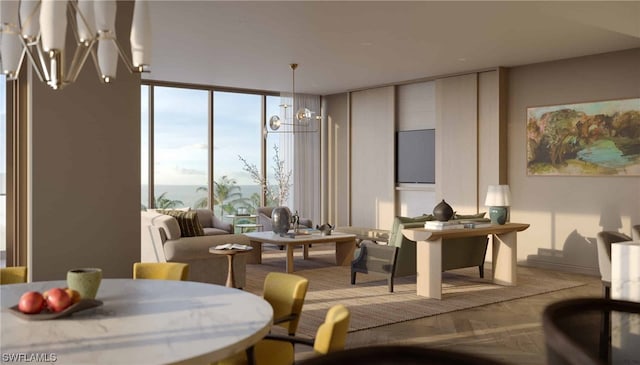 dining space with parquet flooring, expansive windows, and a notable chandelier