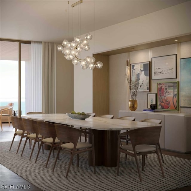 dining area with hardwood / wood-style flooring and an inviting chandelier