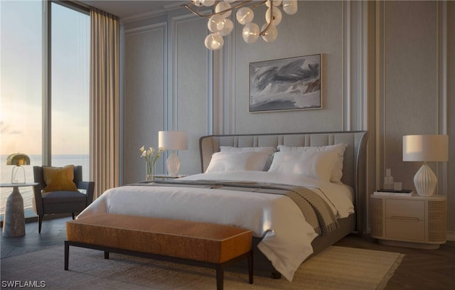 bedroom featuring parquet flooring and a notable chandelier