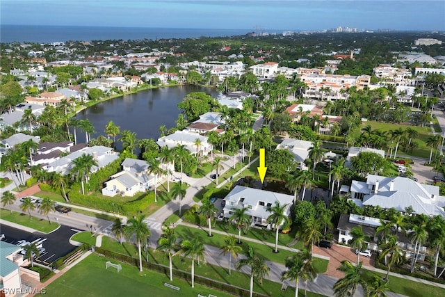 drone / aerial view featuring a water view