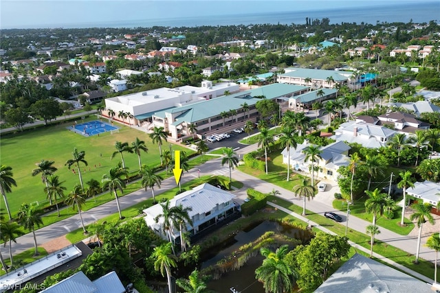 aerial view featuring a water view