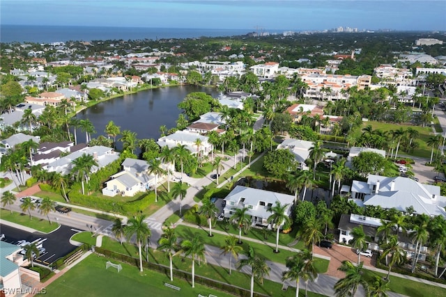 drone / aerial view featuring a water view