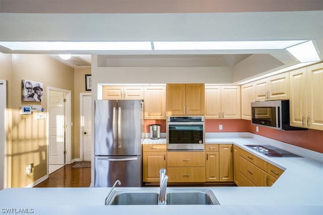 kitchen featuring light brown cabinetry, hardwood / wood-style floors, appliances with stainless steel finishes, and sink