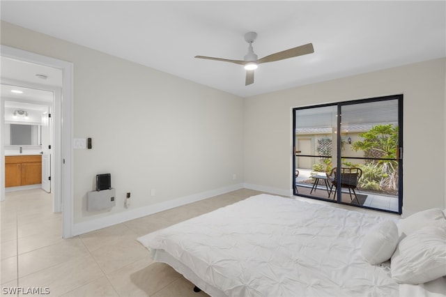 tiled bedroom with access to exterior and ceiling fan