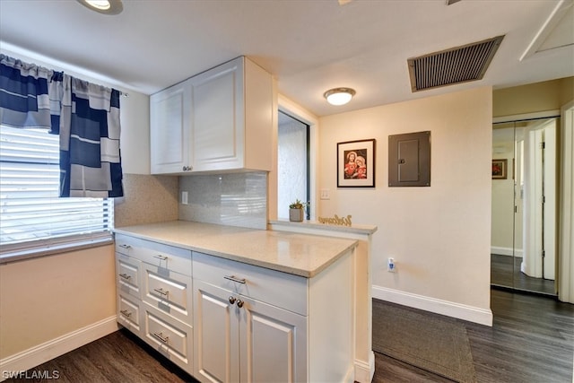 kitchen featuring white cabinetry, electric panel, and dark hardwood / wood-style floors