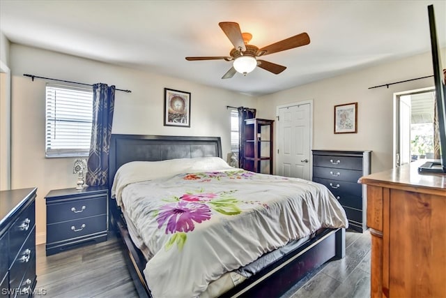 bedroom featuring ceiling fan and dark hardwood / wood-style flooring