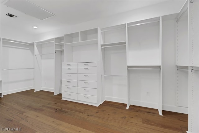 walk in closet with dark hardwood / wood-style flooring