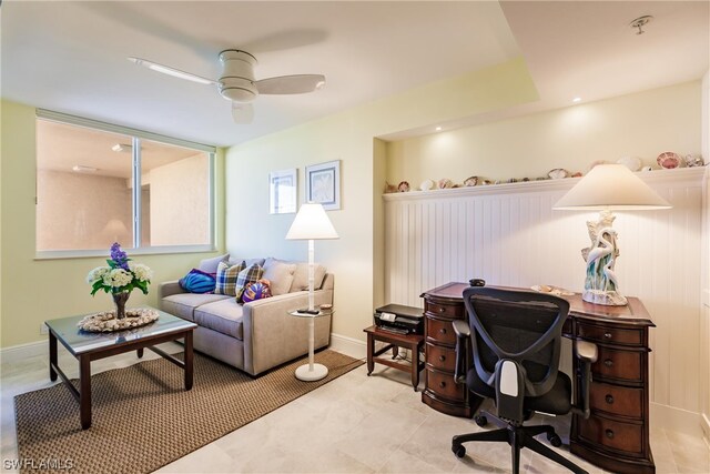 tiled office with ceiling fan