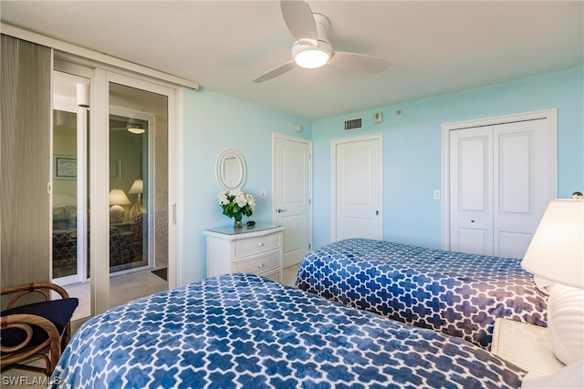 carpeted bedroom featuring ceiling fan