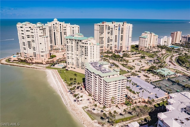 bird's eye view with a beach view and a water view