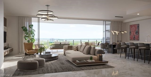 tiled living room featuring floor to ceiling windows and a notable chandelier