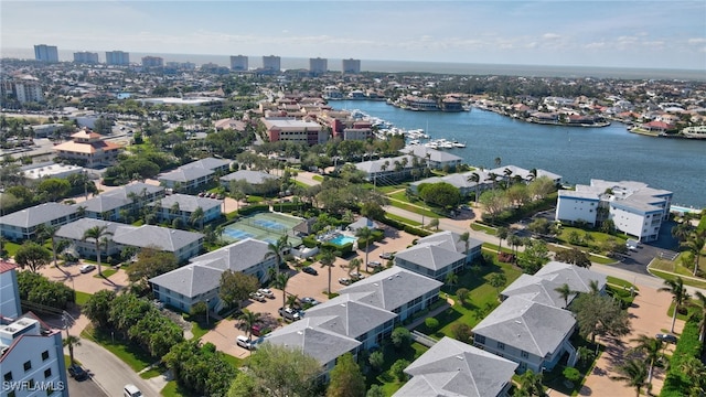 drone / aerial view with a water view