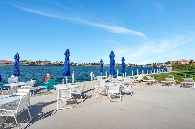 view of patio / terrace featuring a water view