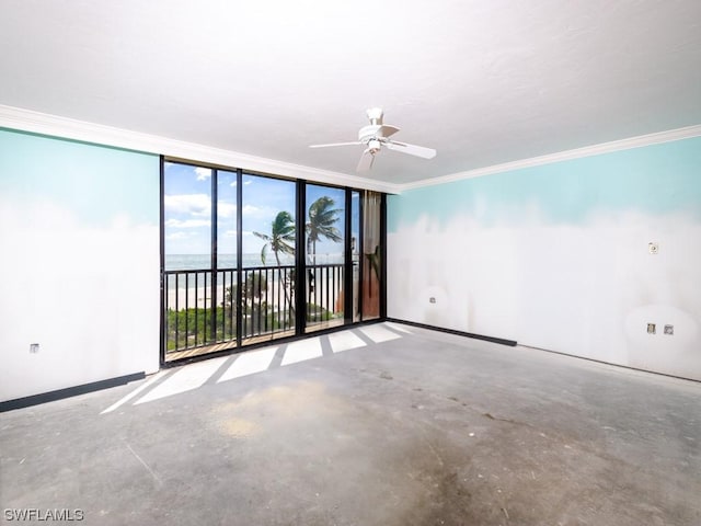 unfurnished room featuring expansive windows, ornamental molding, a water view, and ceiling fan