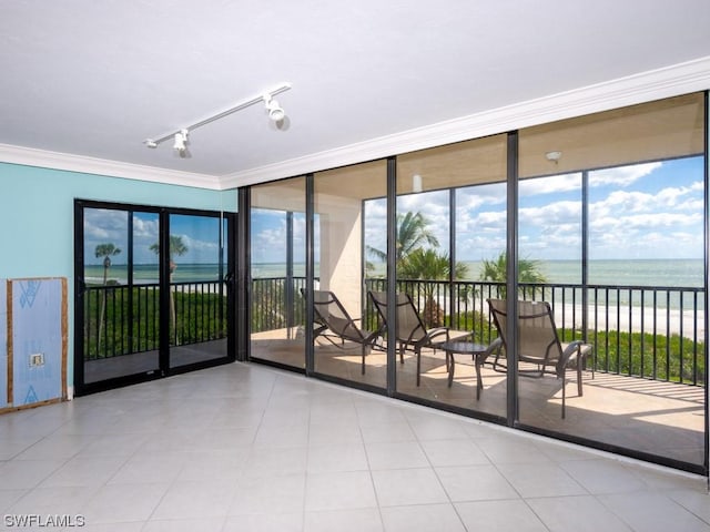 unfurnished sunroom with a water view, a healthy amount of sunlight, and rail lighting