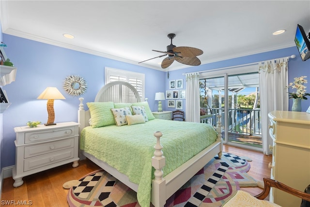 bedroom with ornamental molding, light hardwood / wood-style floors, ceiling fan, and access to exterior