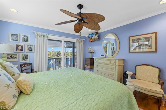 bedroom featuring ornamental molding, ceiling fan, access to outside, and hardwood / wood-style flooring