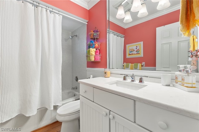 full bathroom with toilet, shower / bath combo, vanity with extensive cabinet space, ornamental molding, and hardwood / wood-style floors