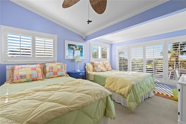 bedroom featuring crown molding, light hardwood / wood-style floors, ceiling fan, and lofted ceiling