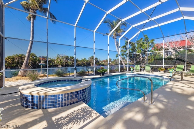 view of swimming pool featuring a patio, an in ground hot tub, central air condition unit, and glass enclosure