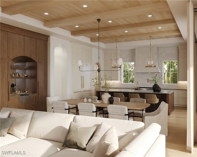 living room with sink, wooden ceiling, light wood-type flooring, and beamed ceiling