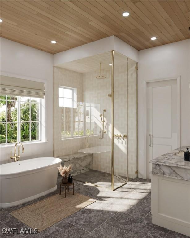 bathroom featuring wooden ceiling, vanity, and separate shower and tub