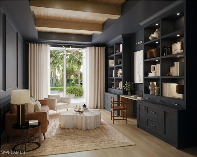 sitting room with wooden ceiling, built in shelves, light hardwood / wood-style flooring, and beam ceiling