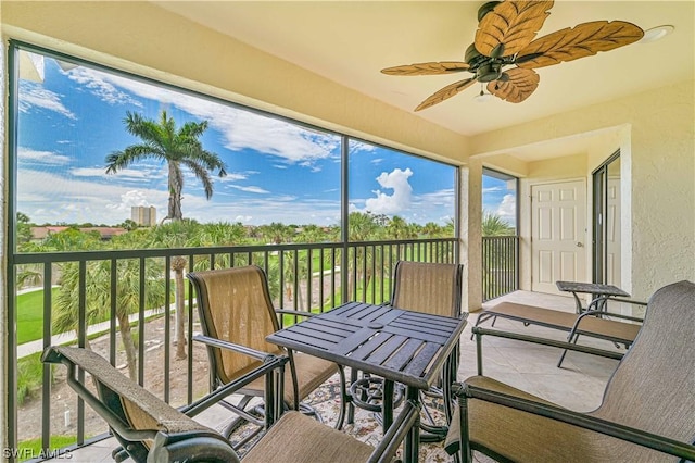 sunroom featuring ceiling fan