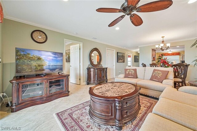 living room featuring crown molding, light tile patterned floors, and ceiling fan with notable chandelier