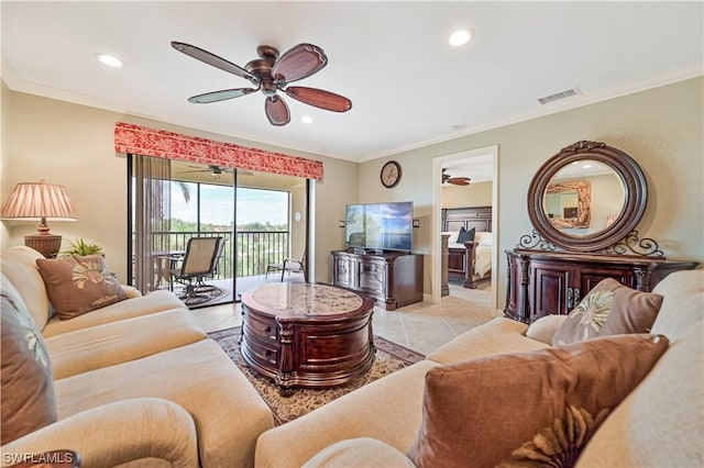 tiled living room featuring crown molding