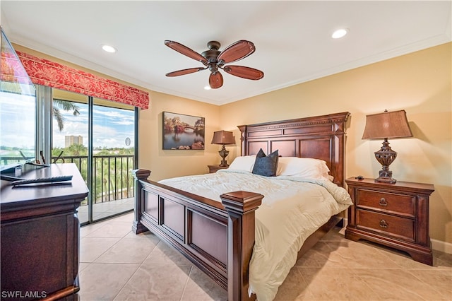 bedroom featuring access to exterior, light tile patterned floors, ceiling fan, and crown molding