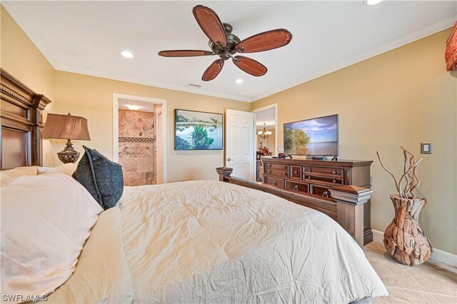 bedroom with light tile patterned floors, ensuite bathroom, ceiling fan, and crown molding