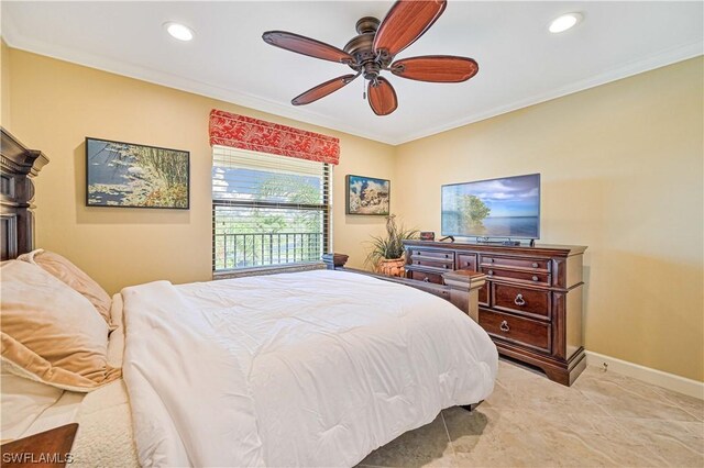 bedroom featuring ceiling fan and crown molding