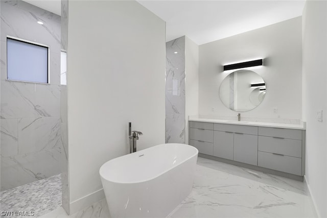 bathroom with tile flooring, plus walk in shower, and oversized vanity