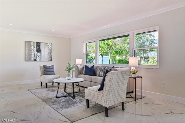 living room featuring a wealth of natural light and crown molding