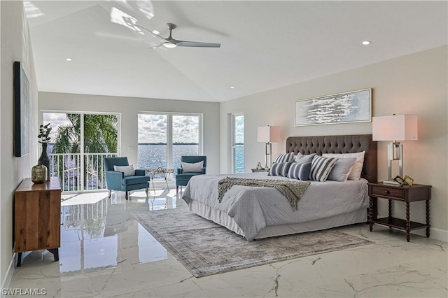 bedroom with access to outside, ceiling fan, a water view, and high vaulted ceiling