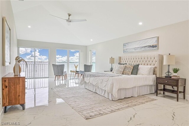 bedroom featuring ceiling fan, access to outside, and vaulted ceiling