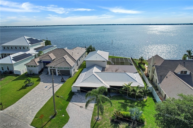 aerial view featuring a water view