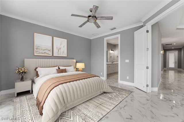 bedroom with ceiling fan, crown molding, and ensuite bath