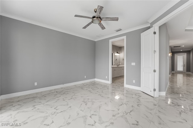 unfurnished room with ceiling fan and crown molding