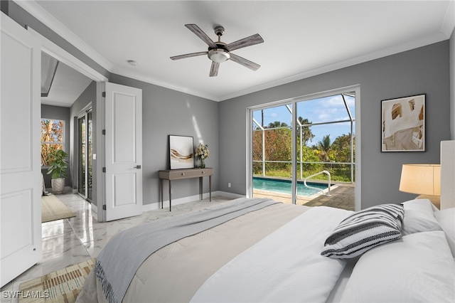 bedroom with access to exterior, ceiling fan, and ornamental molding