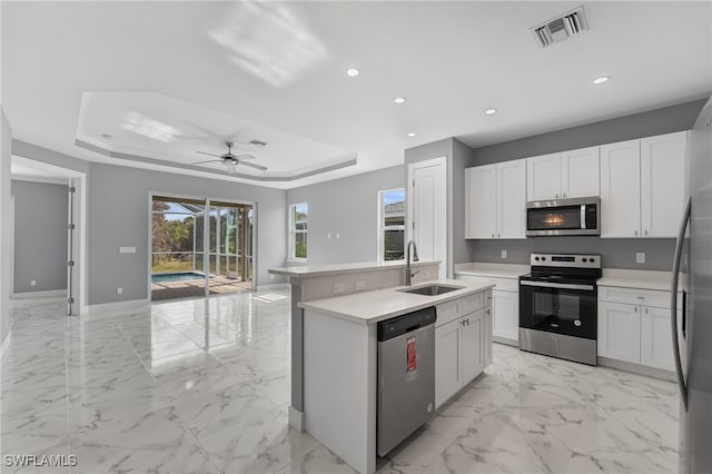 kitchen with white cabinetry, sink, ceiling fan, stainless steel appliances, and a raised ceiling